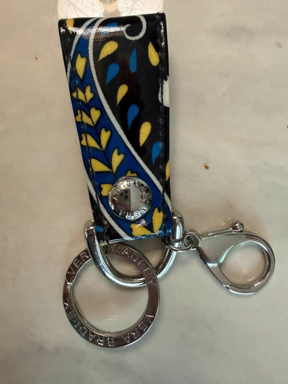 Vera Bradley keychain key holder hook black blue yellow 5”